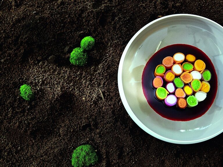 Die filigran platzierte bunte Wurzelgemüse Variation im Michelin Restaurant Eisvogel in der Oberpfalz.