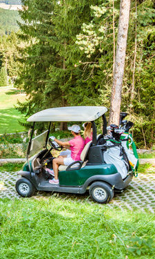 Ein Golfcart mit einem Fahrer, der durch eine bewaldete Landschaft fährt.
