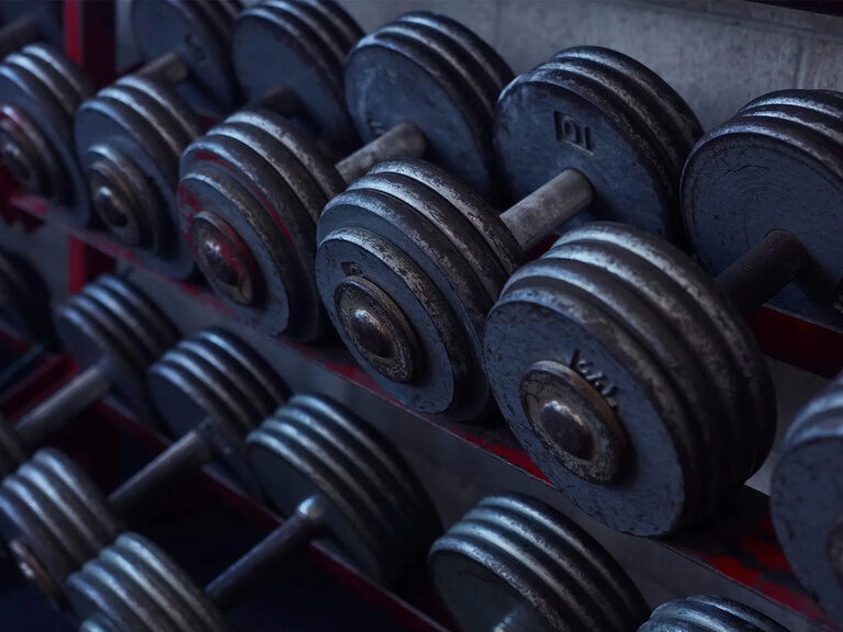 Die Hanteln ordentlich auf dem Hantelständer im Fitnessstudio platziert.