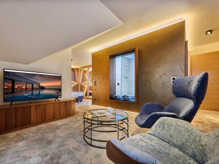 stilvolle Wohnecke mit bequemen Sitzmöbeln und Fernseher in der Junior Suite des Hotels der Birkenhof in der Oberpfalz.