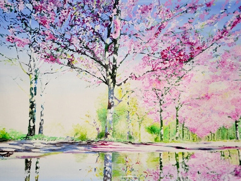 Ein Gemälde von Kirschbäumen in einem Park in zarten Pink- und Lilatönen von der Kunstausstellung im Hotel der Birkenhof.