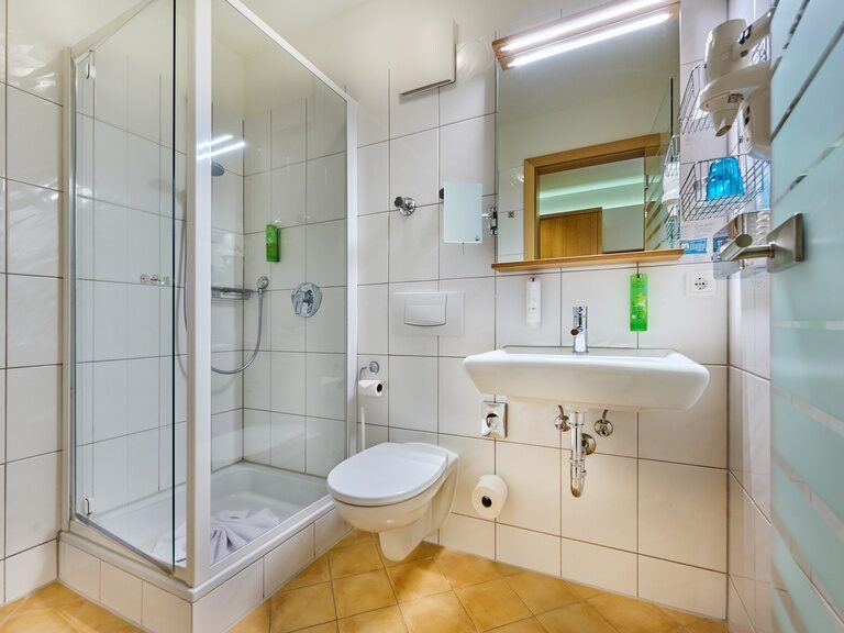 Ein hochwertig ausgestattetes Badezimmer mit Toilette, Dusche und Waschbecken im Komfort Einzelzimmer des Hotels der Birkenhof in der Oberpfalz.