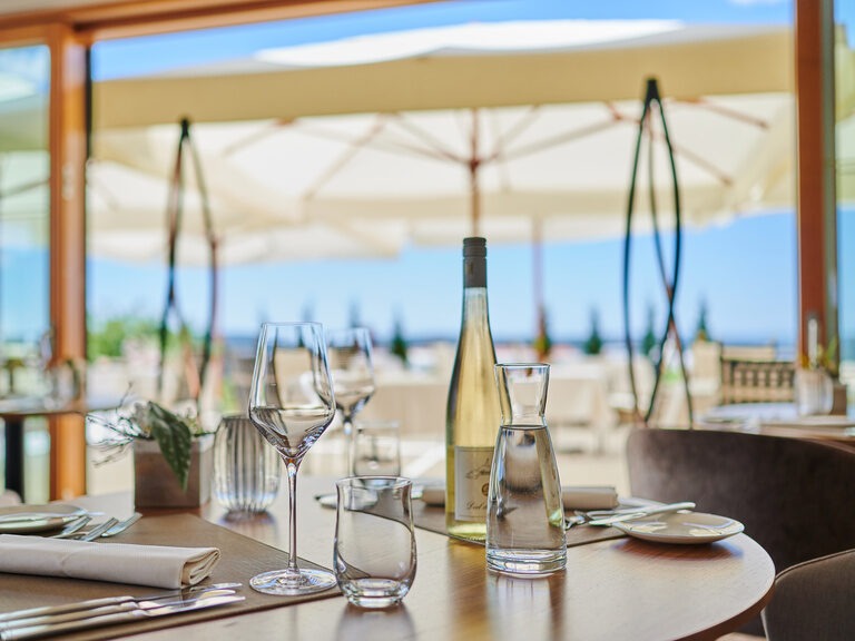Der gemütliche Platz im Wintergarten mit Blick auf die Sonnenterrasse des Hotel Der Birkenhof.