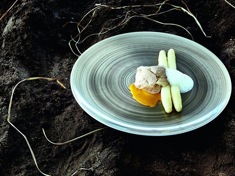 Der Gang mit Spargel, Mandelmilch und pochiertem Ei im Michelinrestaurant Eisvogel in Bayern.